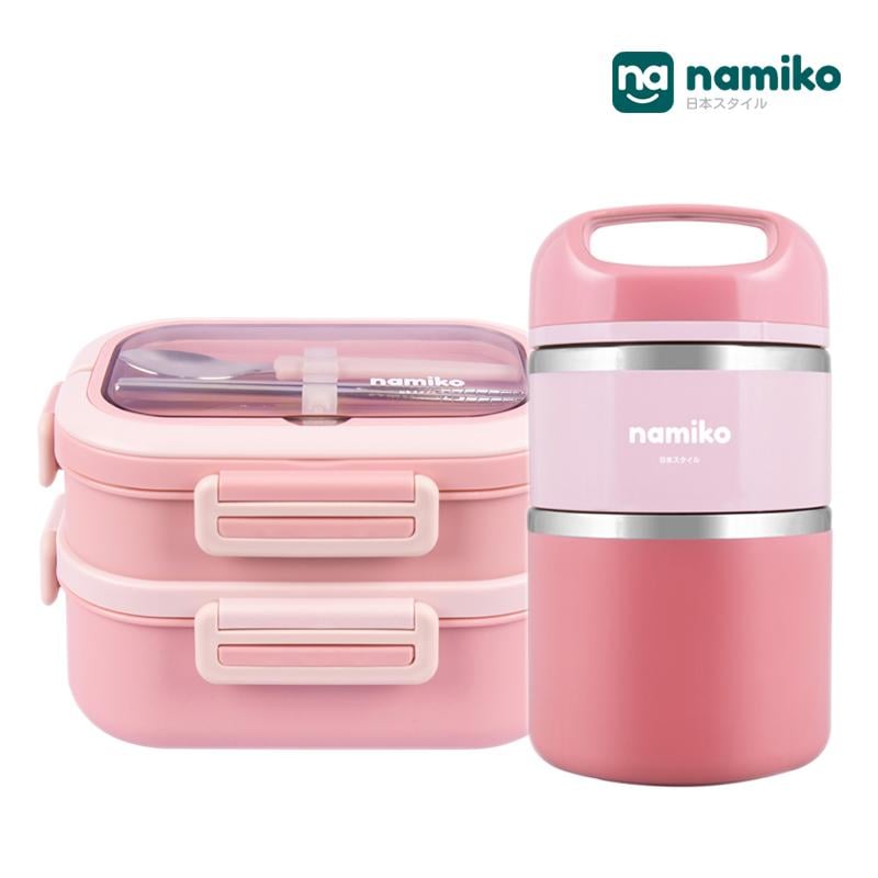 กล่องอาหาร 2 ชั้น พร้อมกระติกสเตนเลสเก็บอุณหภูมิ 2 ชั้น NAMIKO [SHIBUYA SET D] 1.65 ลิตร - สีชมพู_0